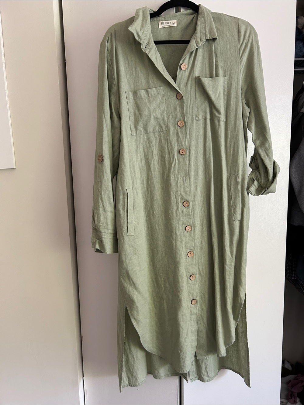 Sage Green Button-Front Long Sleeve Dress